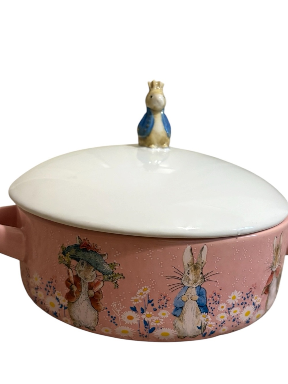 Pink Bunny Covered Casserole Dish with Figurine Knob